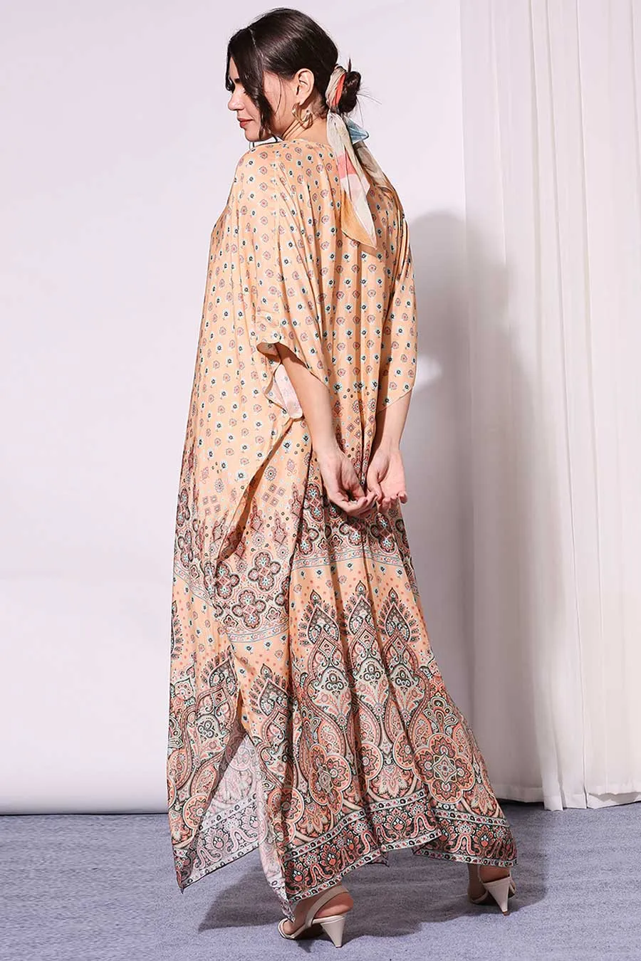 Coral Printed Co-Ord Set With Cape