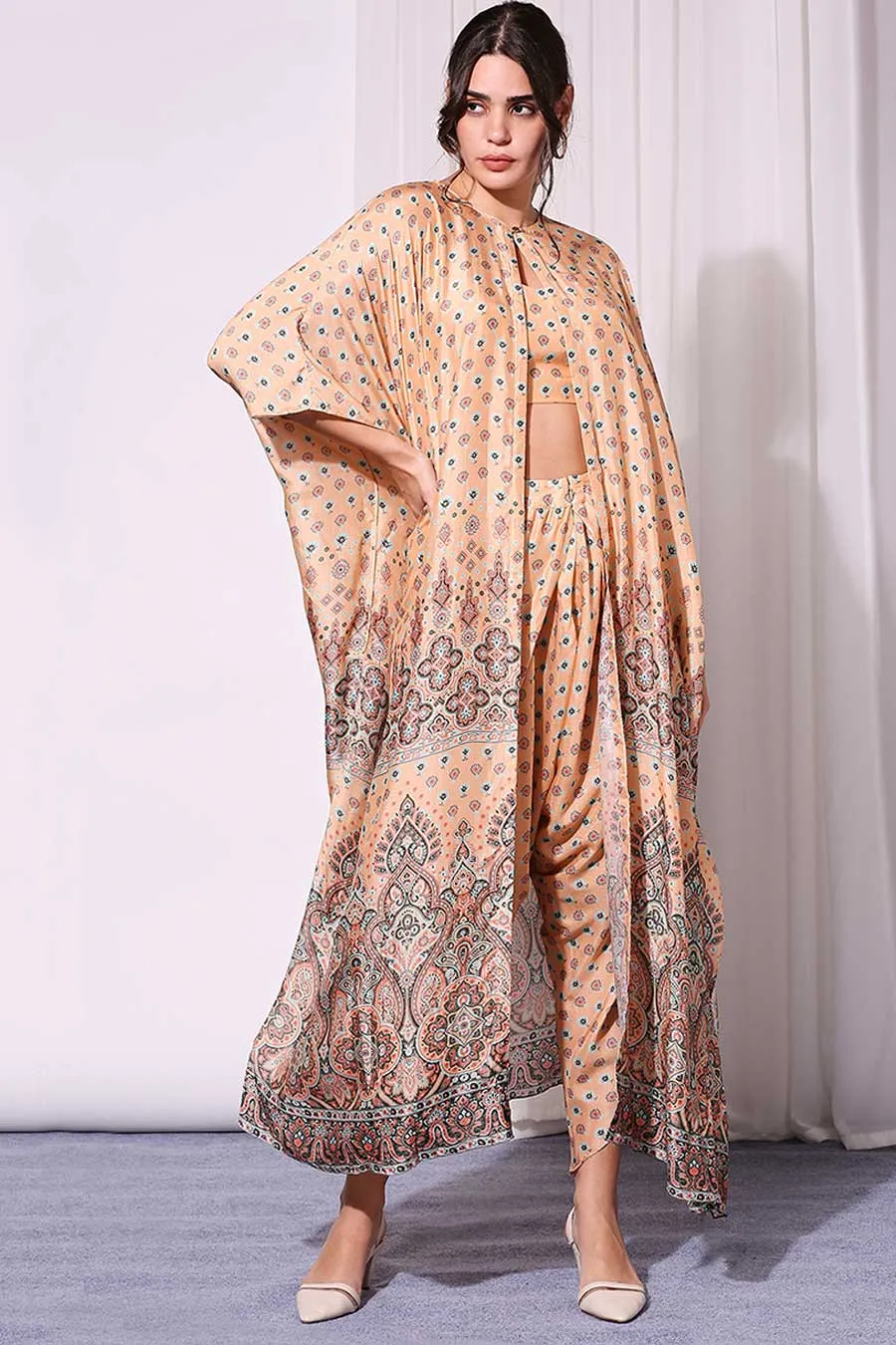 Coral Printed Co-Ord Set With Cape