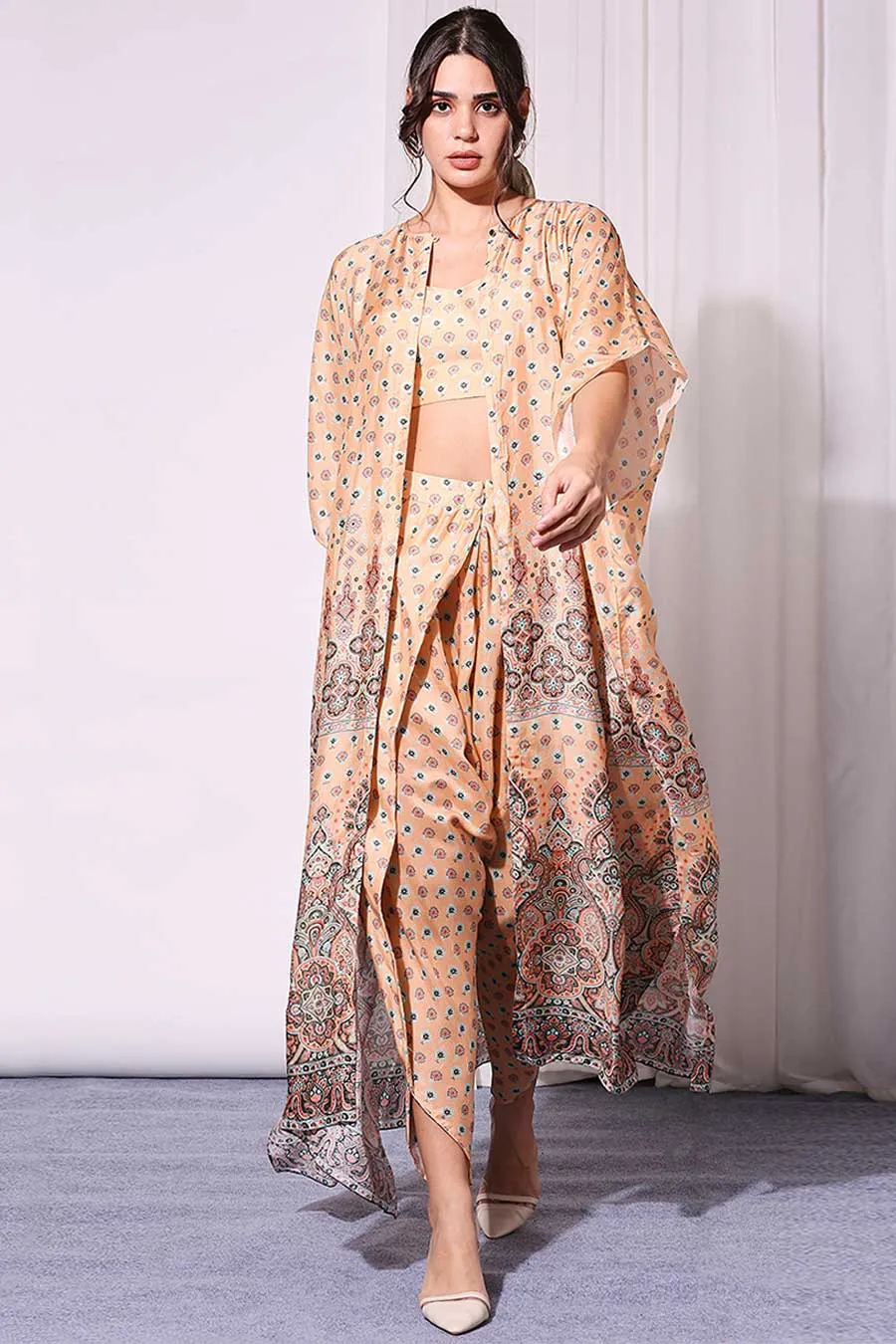 Coral Printed Co-Ord Set With Cape