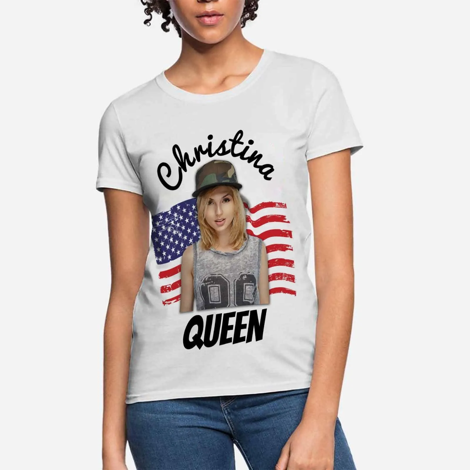 Custom Face & Name Tee with Personalized Pictures USA Flag Women's All Over Print T-shirt