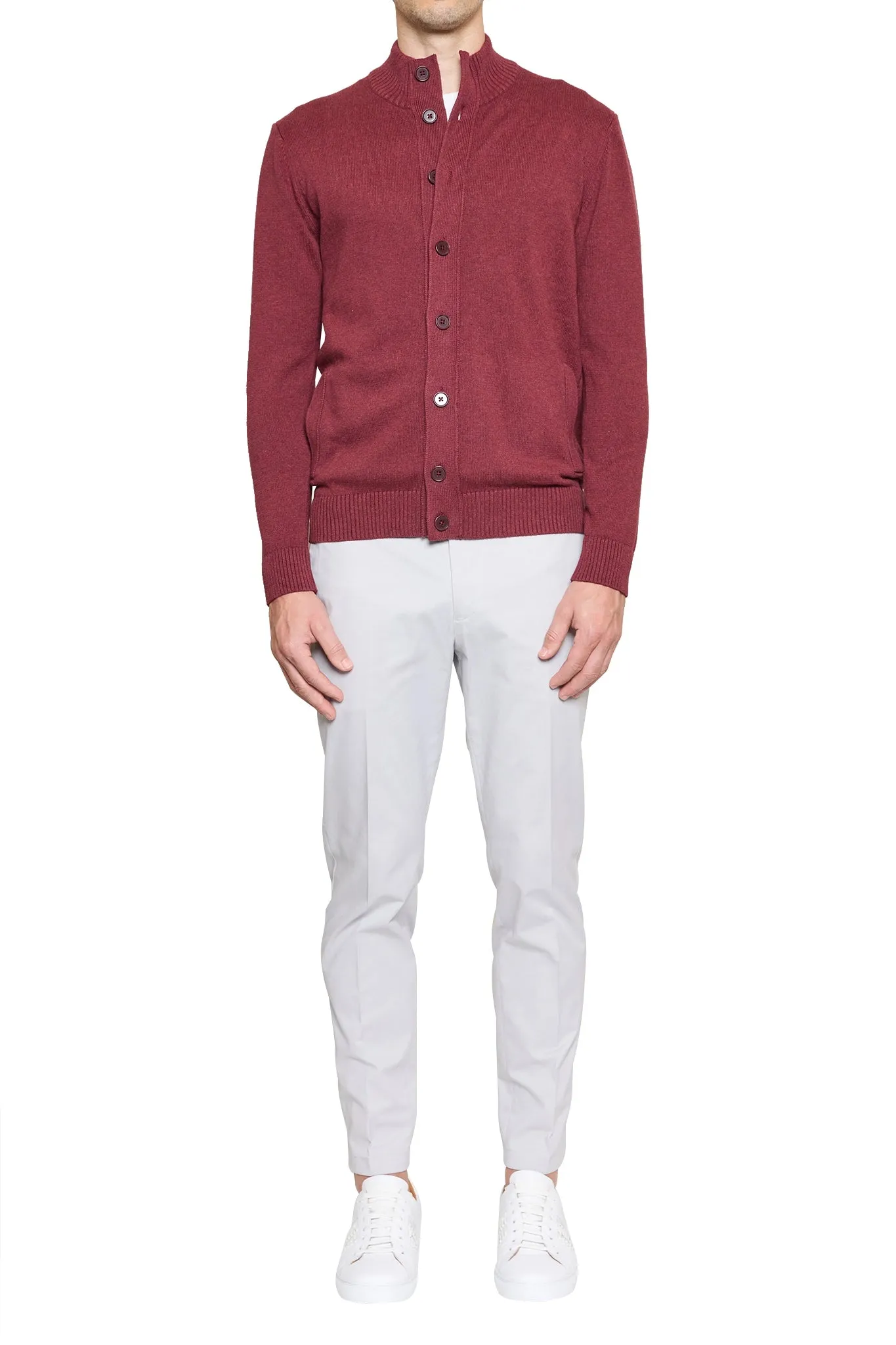 Dan Knitted Button Bomber in Burgundy Marle