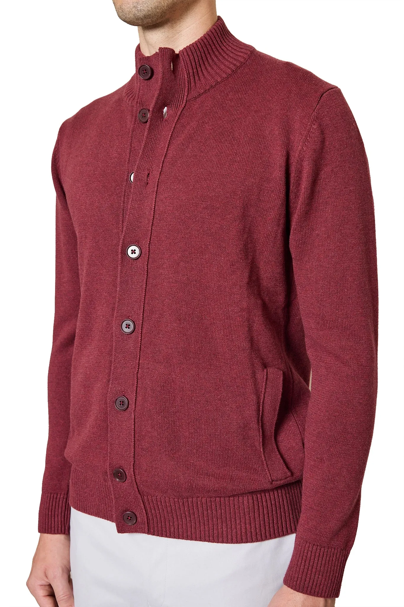Dan Knitted Button Bomber in Burgundy Marle
