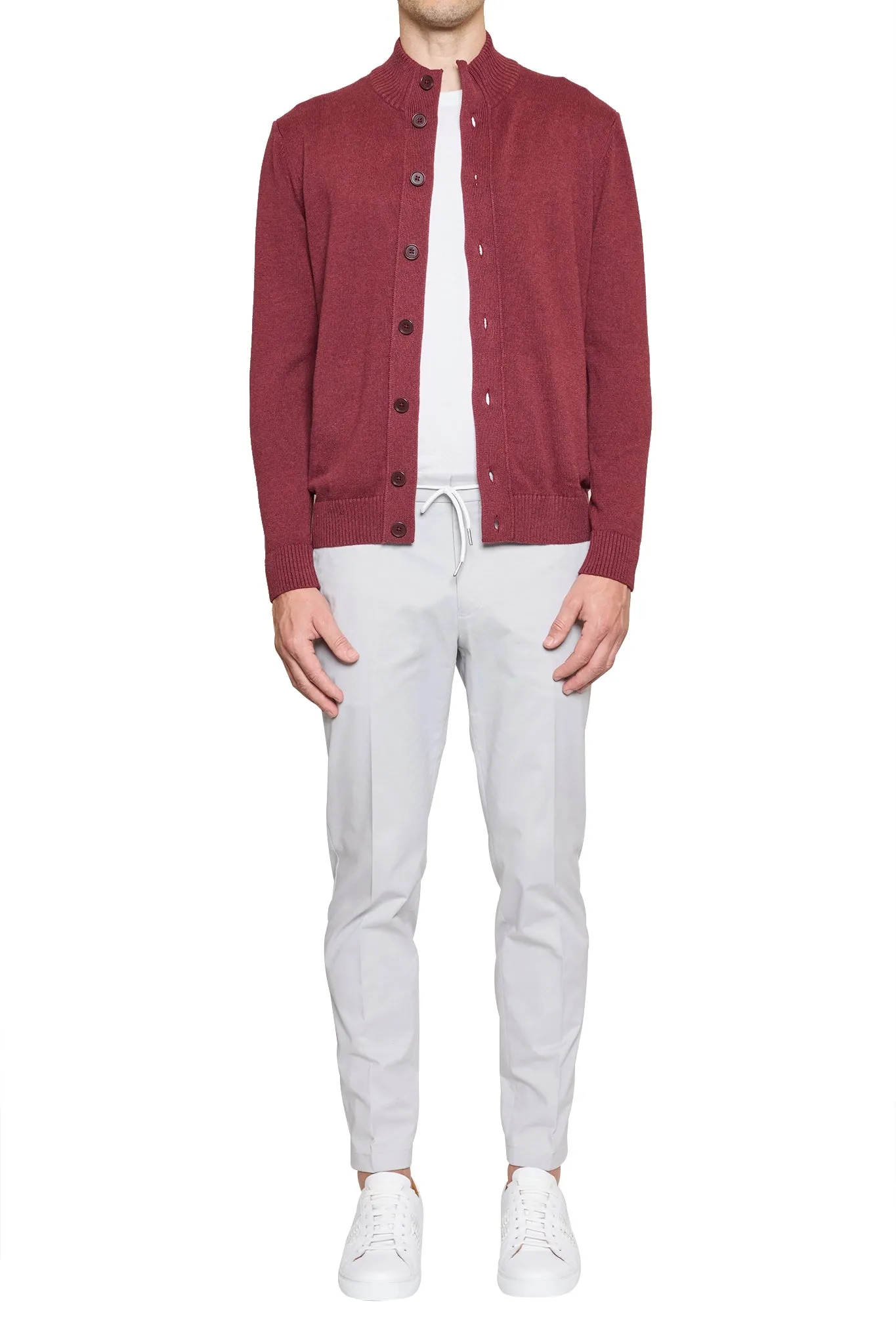 Dan Knitted Button Bomber in Burgundy Marle