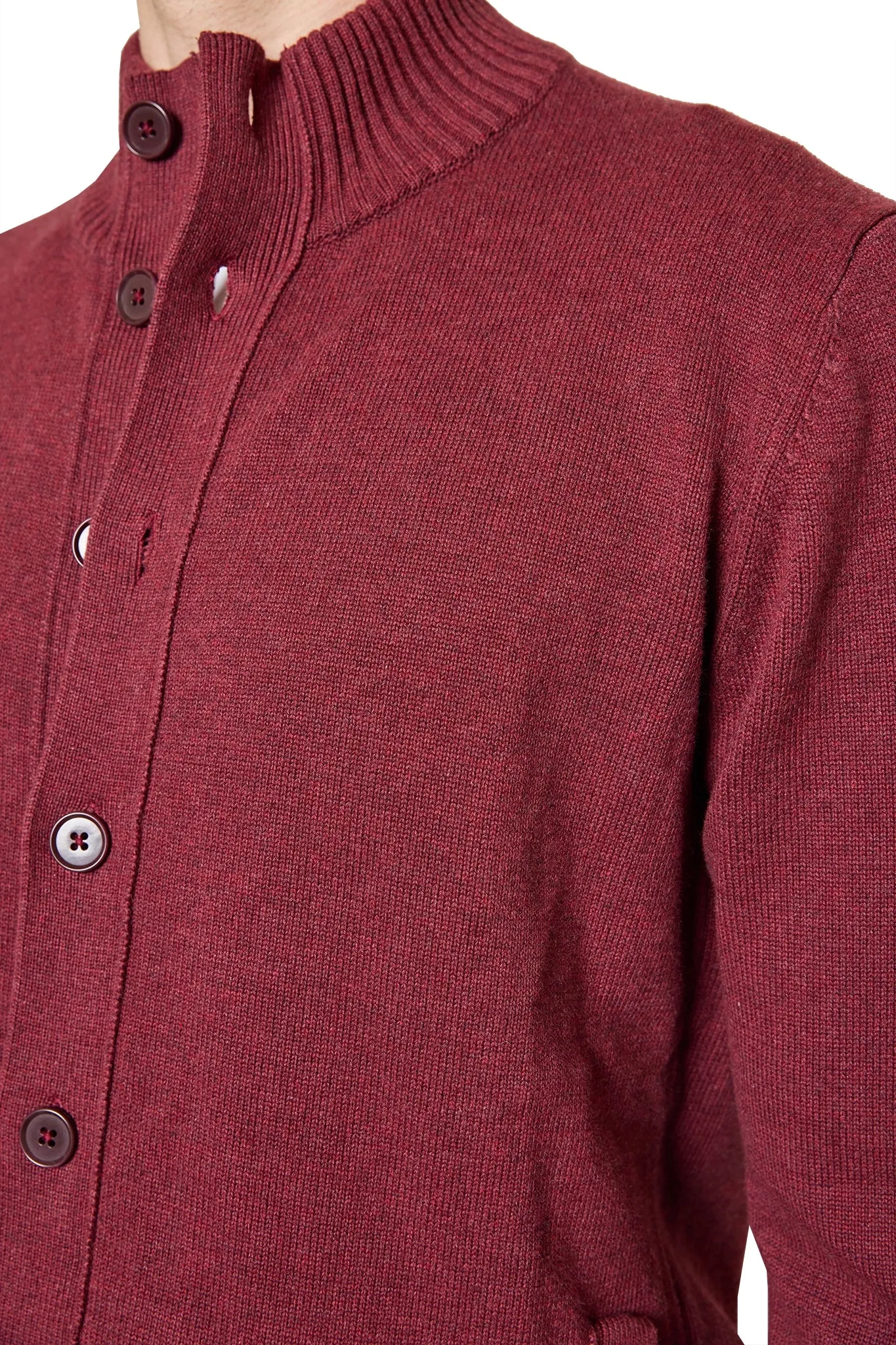 Dan Knitted Button Bomber in Burgundy Marle