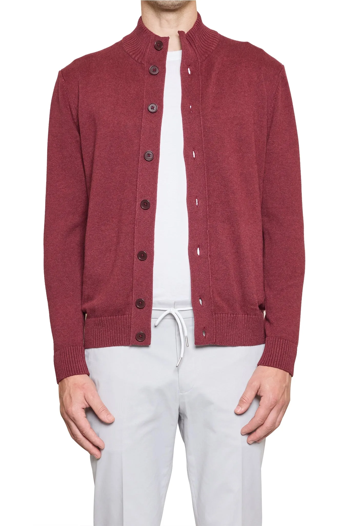 Dan Knitted Button Bomber in Burgundy Marle
