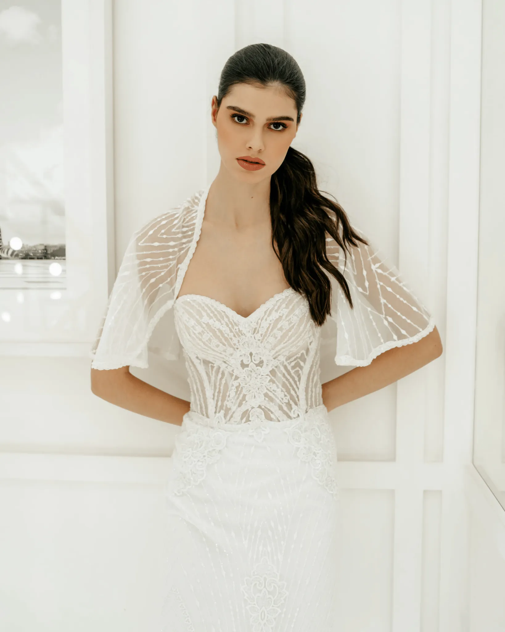 Elegant Tulle Mermaid Wedding Dress - Off Shoulder Wedding Dress with Convertible Cape Plus Size - DEMETER