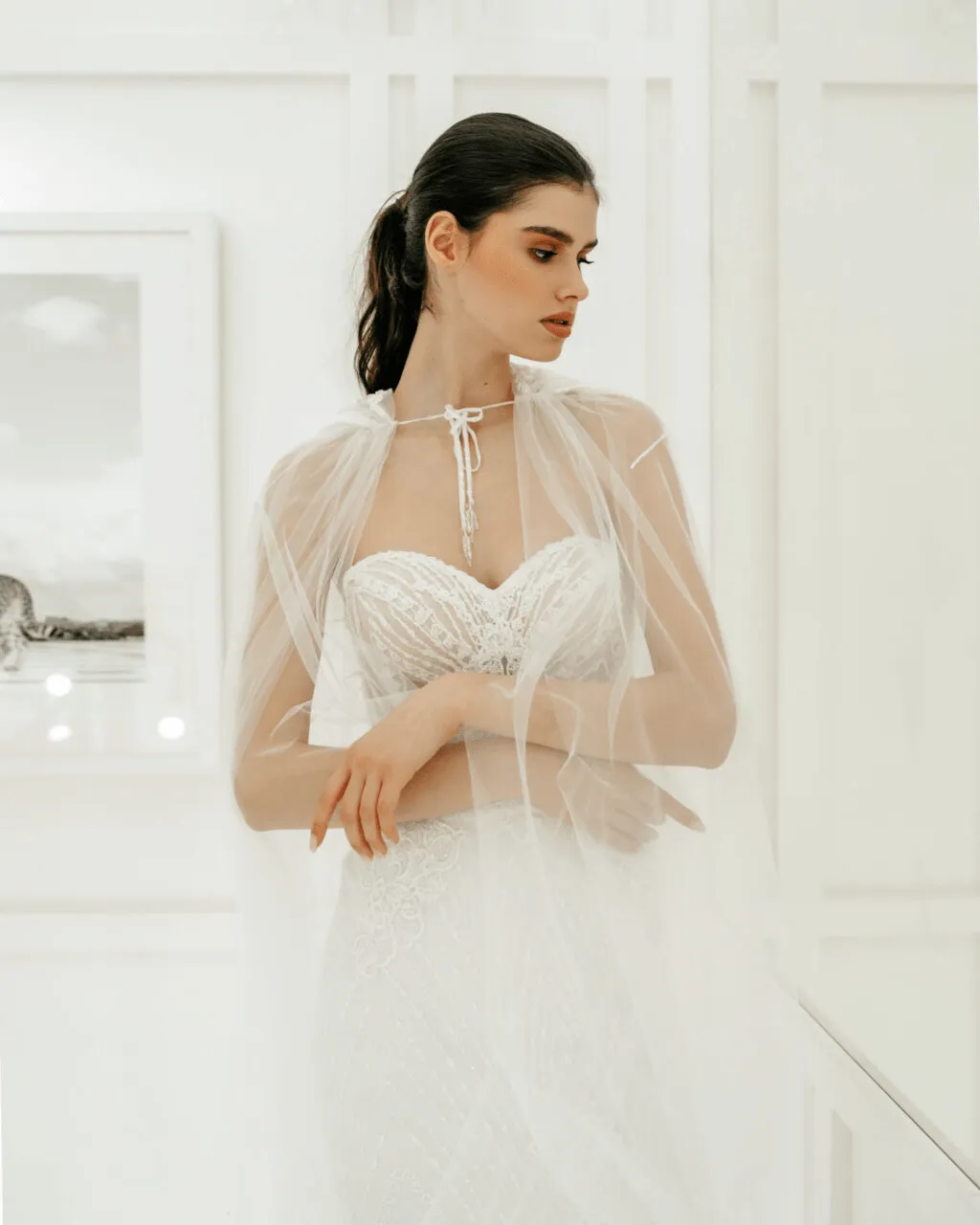 Elegant Tulle Mermaid Wedding Dress - Off Shoulder Wedding Dress with Convertible Cape Plus Size - DEMETER