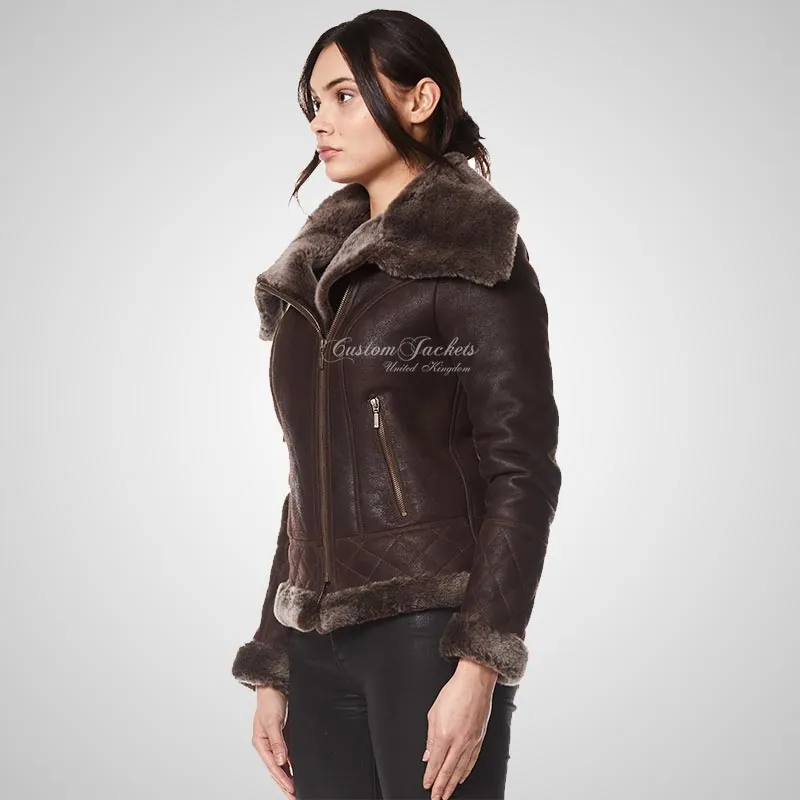 ELLERDALE Women Sheepskin Aviator Jacket Brown