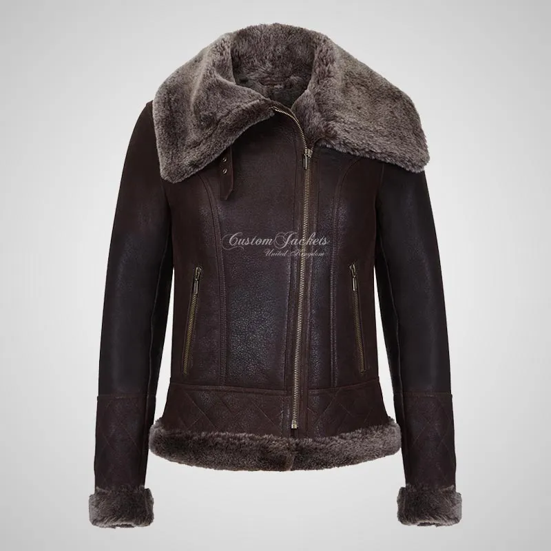 ELLERDALE Women Sheepskin Aviator Jacket Brown