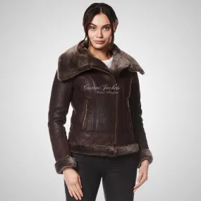ELLERDALE Women Sheepskin Aviator Jacket Brown