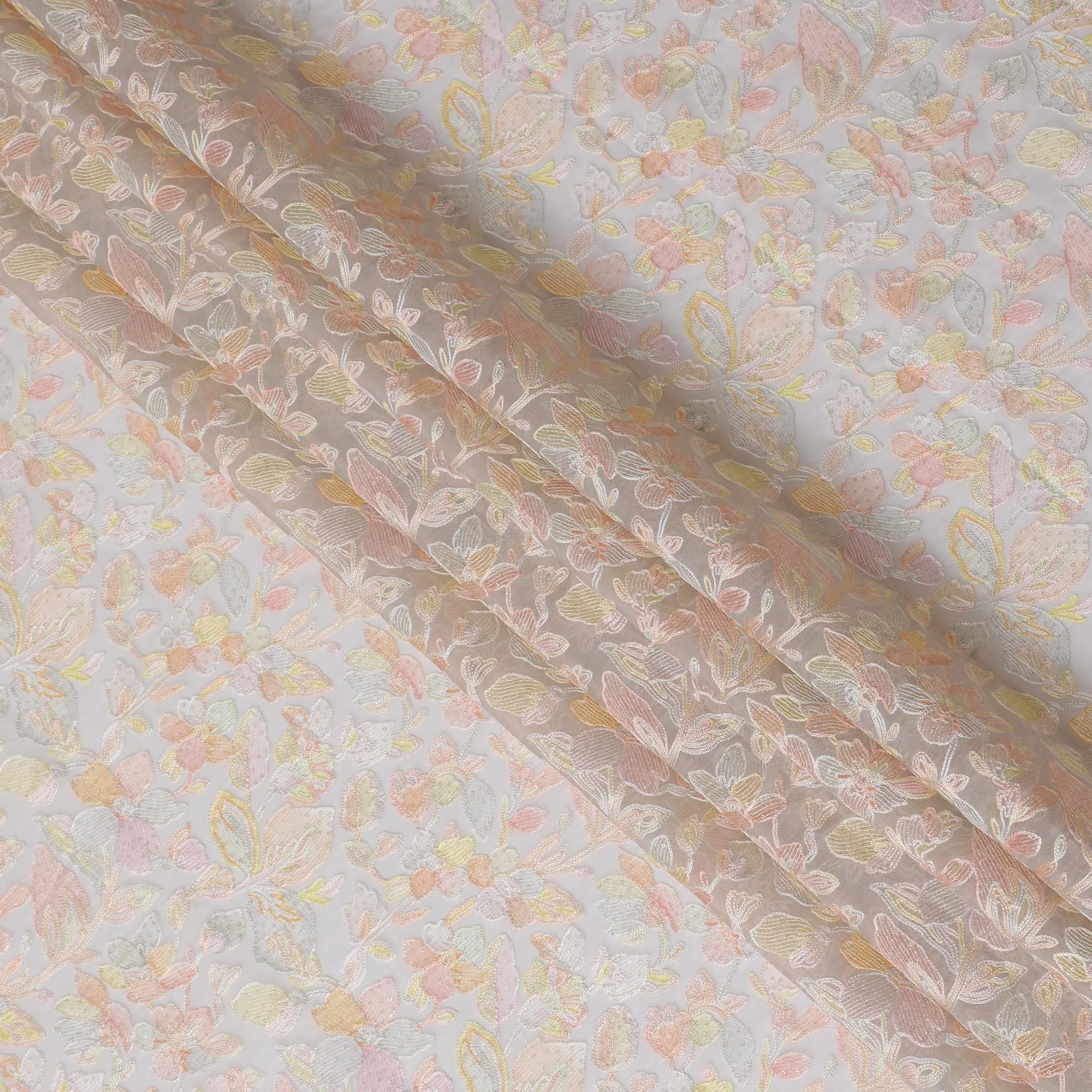 Embroidered Silk Organza Fabric, Pastel Floral Pattern, 110 cm Width-D20103