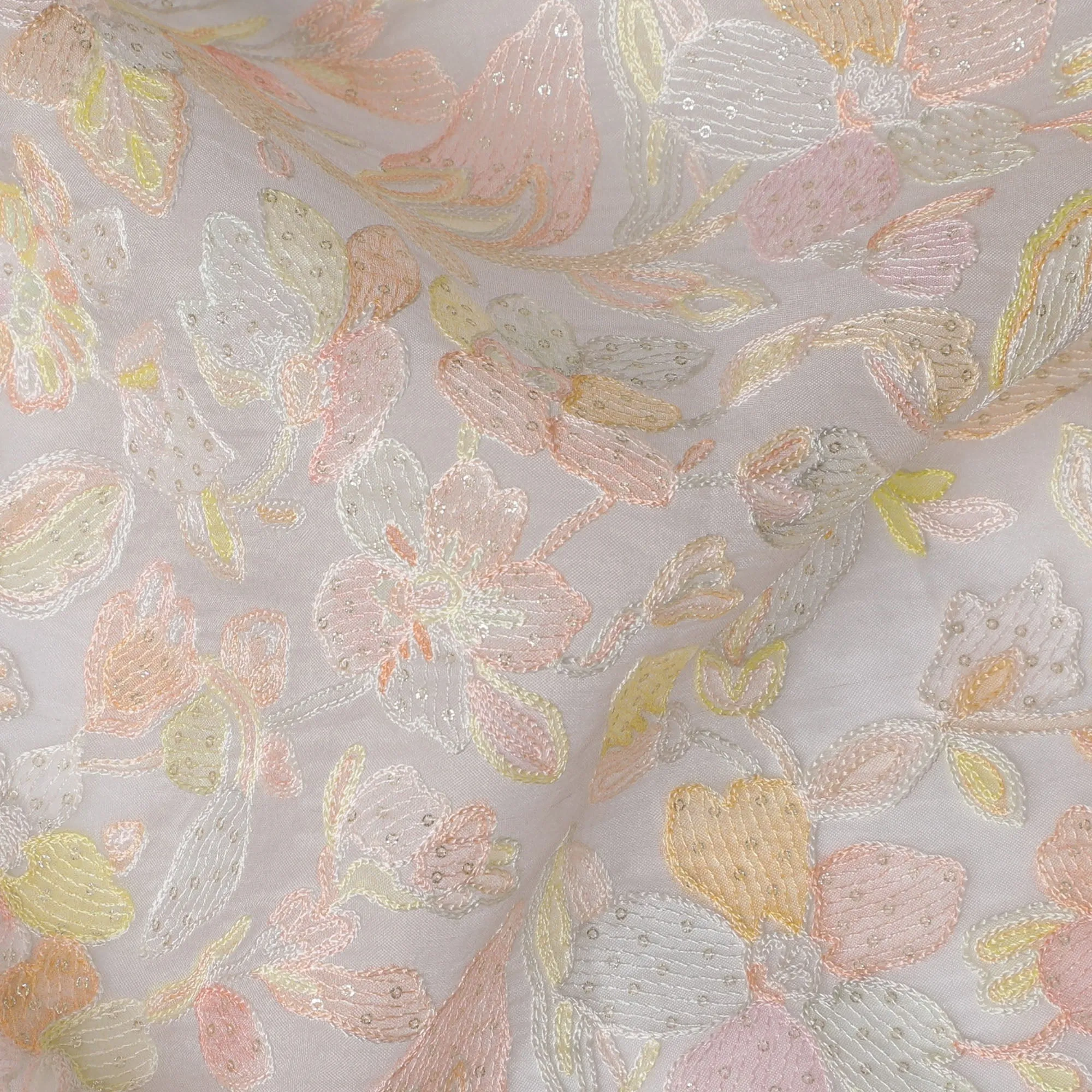 Embroidered Silk Organza Fabric, Pastel Floral Pattern, 110 cm Width-D20103
