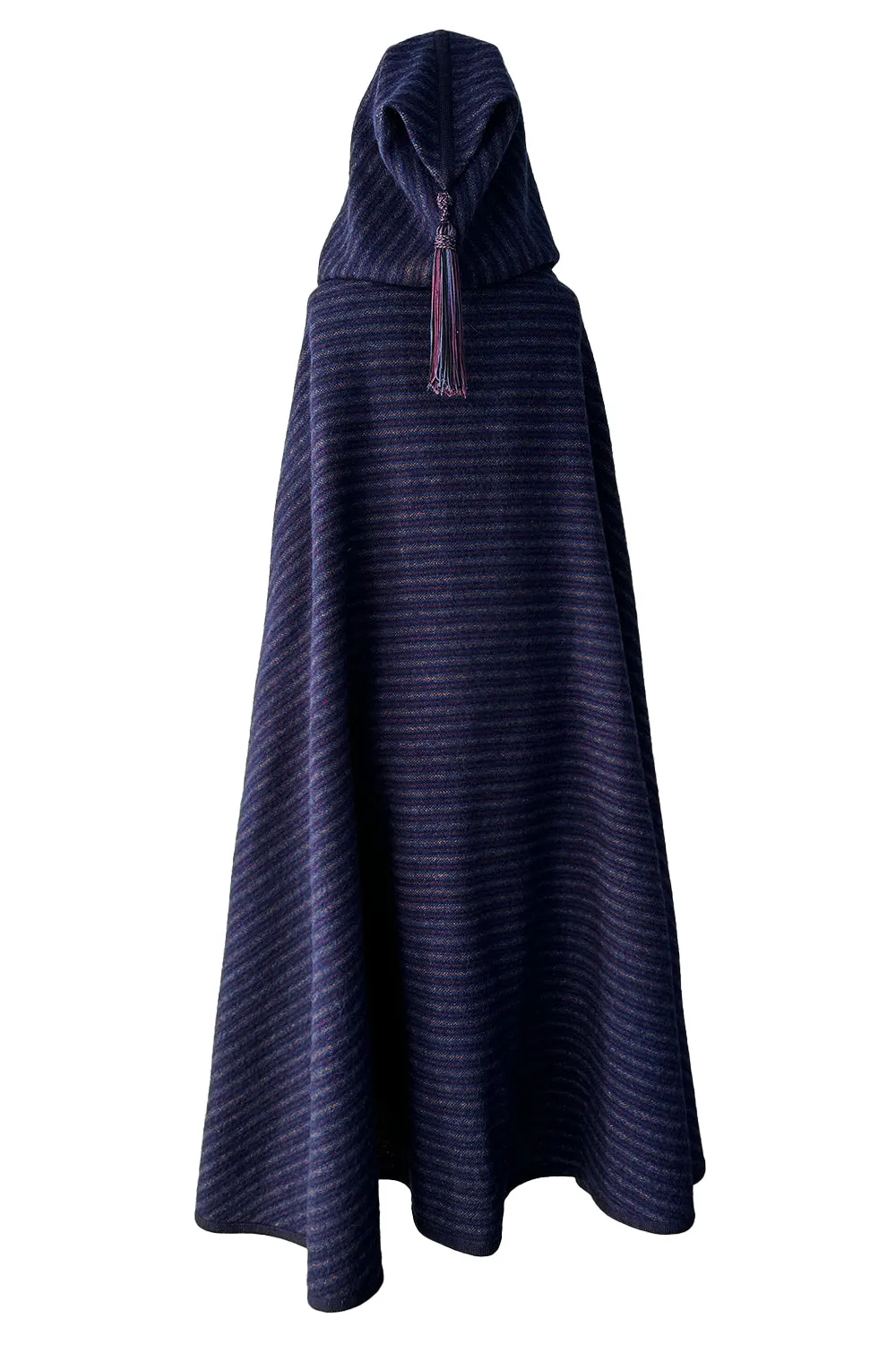 Fabulous  Fall 1976 Yves Saint Laurent Striped Blue Wool Knee Length Cape w Hood & Tassel Detailing
