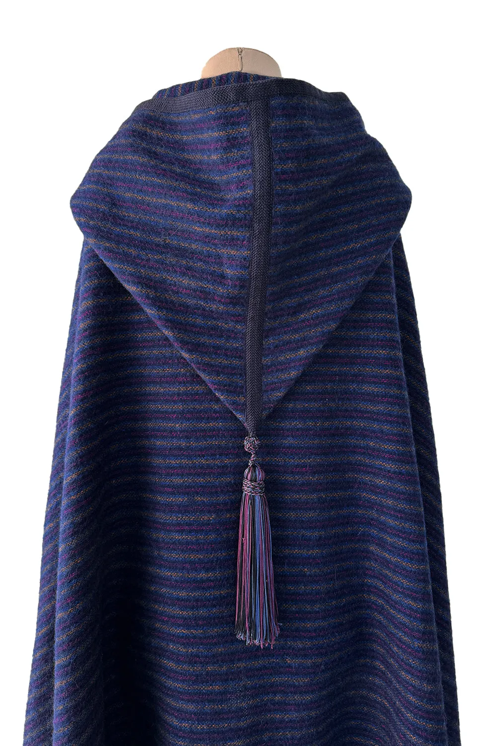 Fabulous  Fall 1976 Yves Saint Laurent Striped Blue Wool Knee Length Cape w Hood & Tassel Detailing