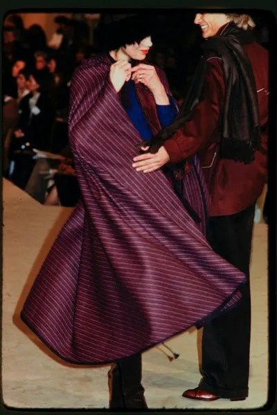 Fabulous  Fall 1976 Yves Saint Laurent Striped Blue Wool Knee Length Cape w Hood & Tassel Detailing