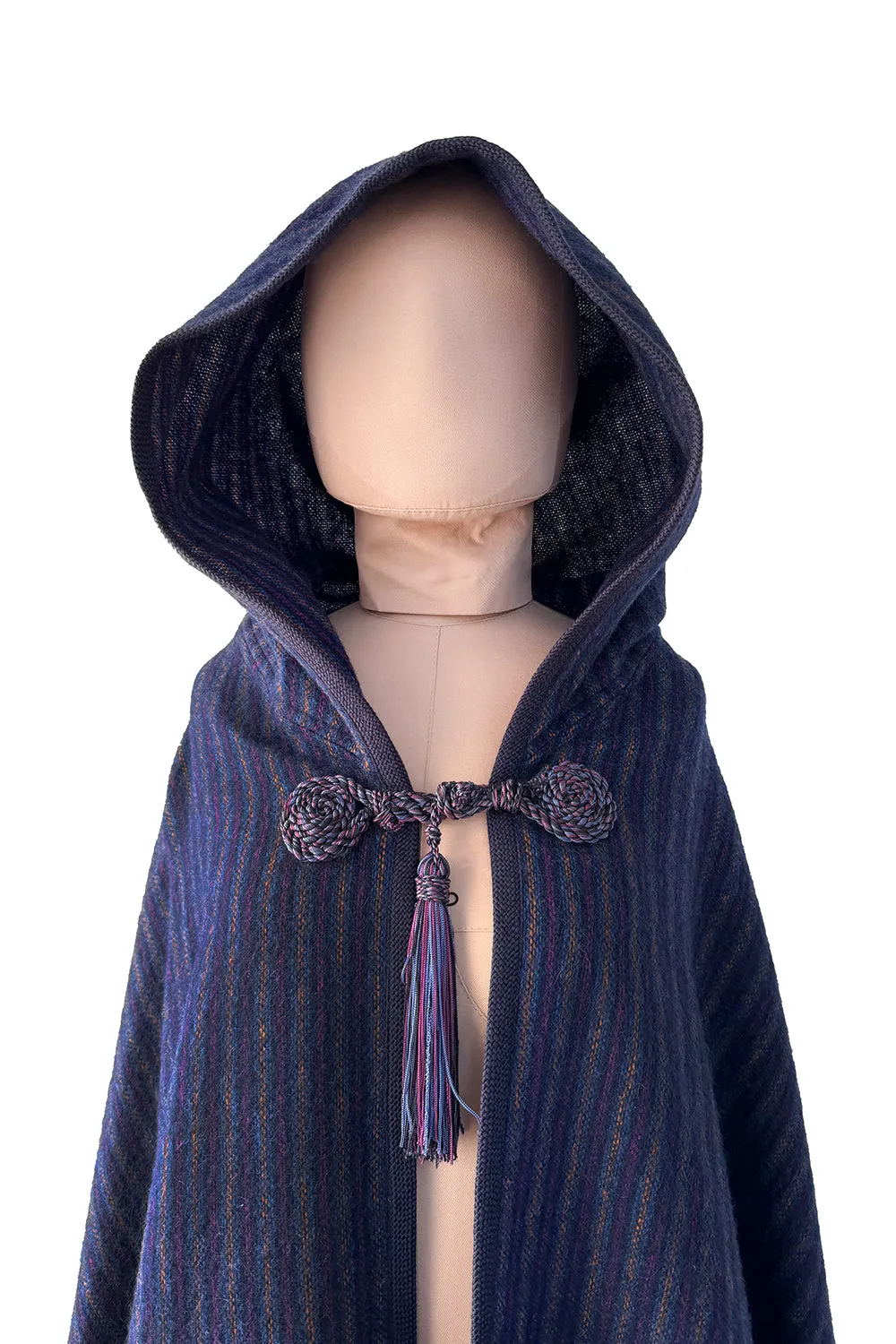 Fabulous  Fall 1976 Yves Saint Laurent Striped Blue Wool Knee Length Cape w Hood & Tassel Detailing