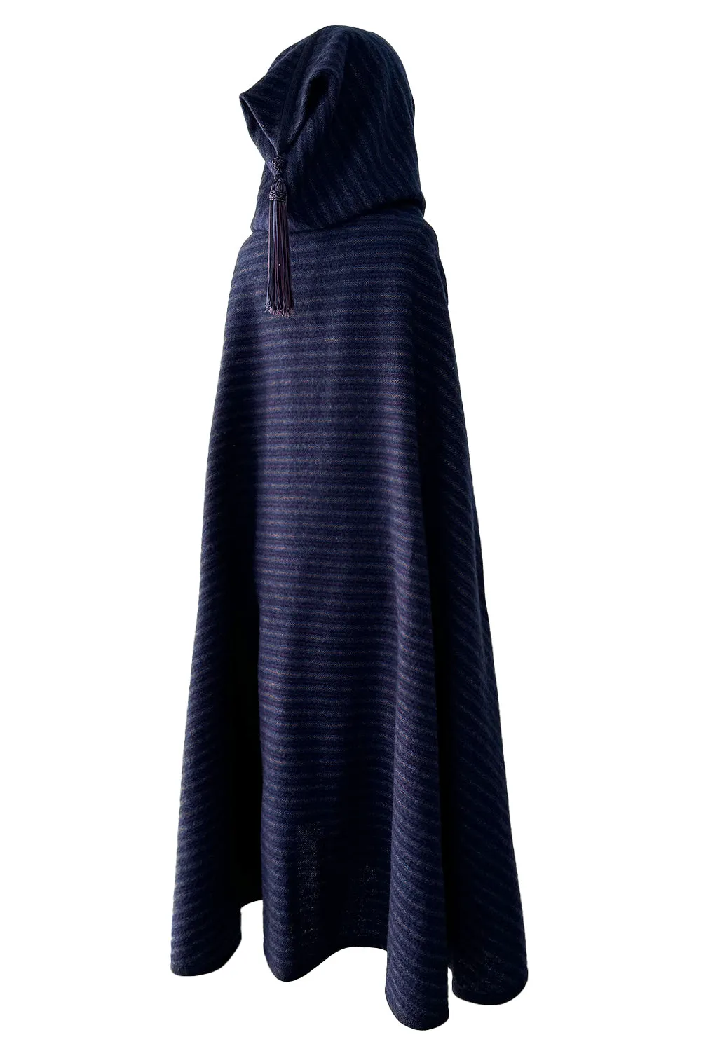 Fabulous  Fall 1976 Yves Saint Laurent Striped Blue Wool Knee Length Cape w Hood & Tassel Detailing