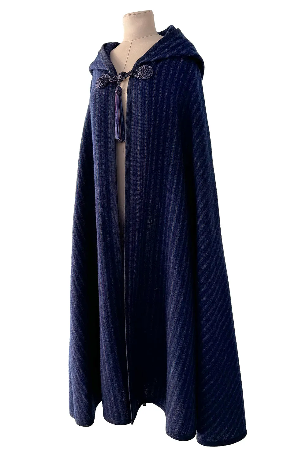 Fabulous  Fall 1976 Yves Saint Laurent Striped Blue Wool Knee Length Cape w Hood & Tassel Detailing
