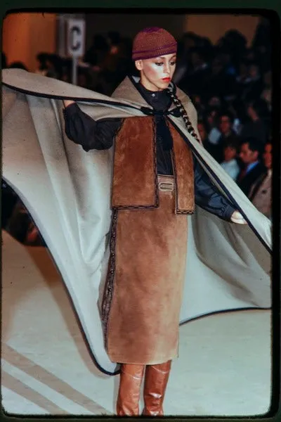 Fabulous  Fall 1976 Yves Saint Laurent Striped Blue Wool Knee Length Cape w Hood & Tassel Detailing