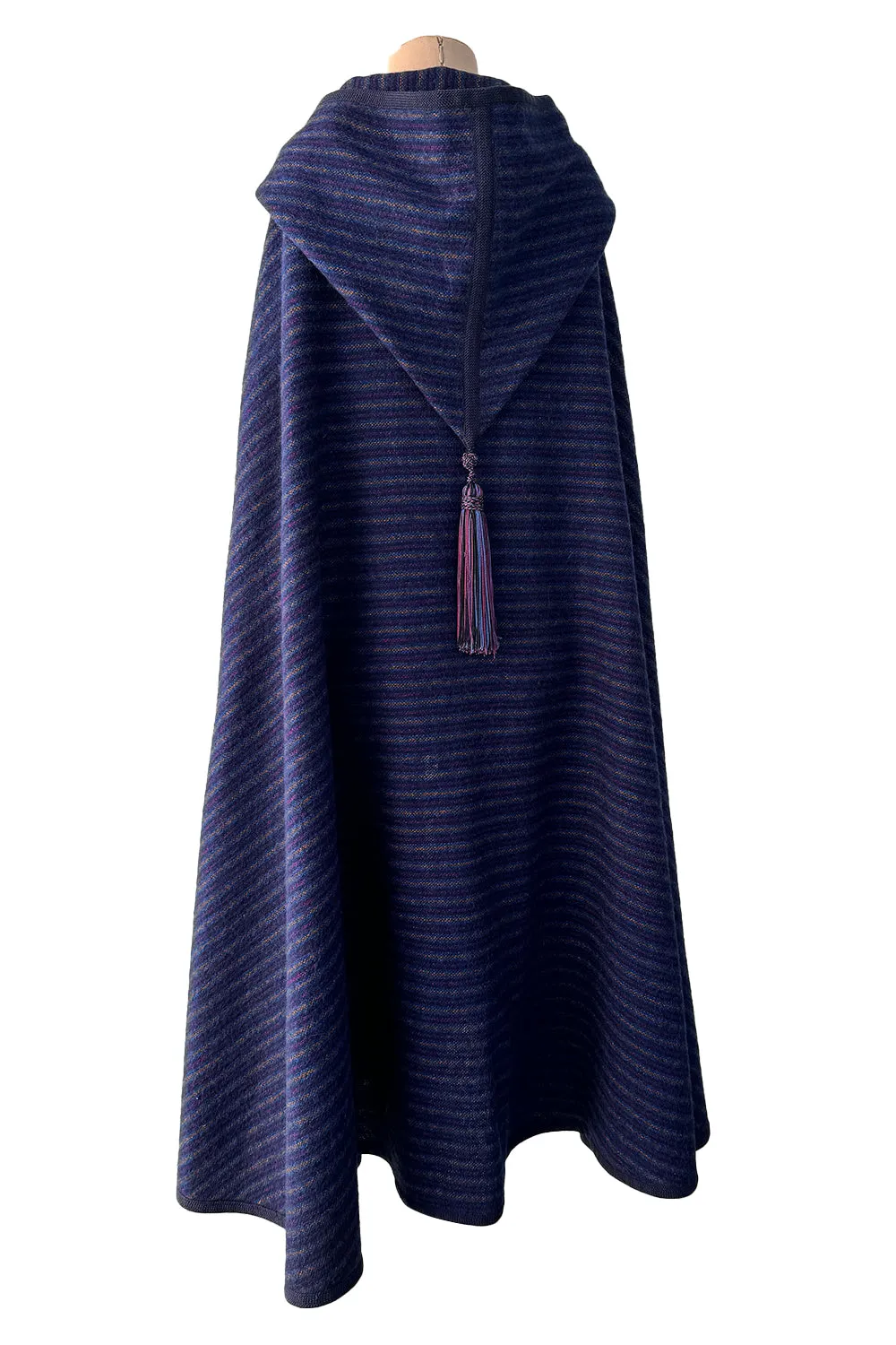 Fabulous  Fall 1976 Yves Saint Laurent Striped Blue Wool Knee Length Cape w Hood & Tassel Detailing