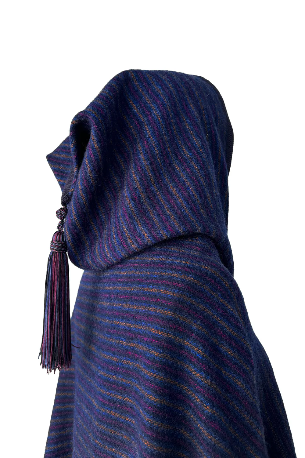 Fabulous  Fall 1976 Yves Saint Laurent Striped Blue Wool Knee Length Cape w Hood & Tassel Detailing