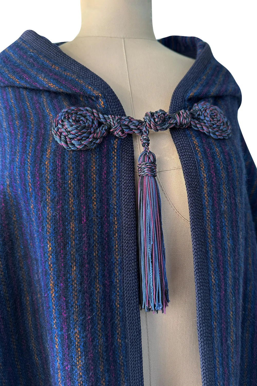Fabulous  Fall 1976 Yves Saint Laurent Striped Blue Wool Knee Length Cape w Hood & Tassel Detailing