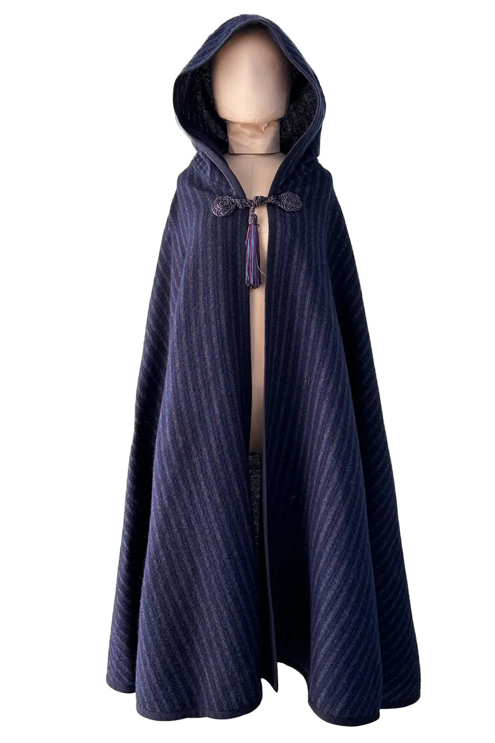 Fabulous  Fall 1976 Yves Saint Laurent Striped Blue Wool Knee Length Cape w Hood & Tassel Detailing