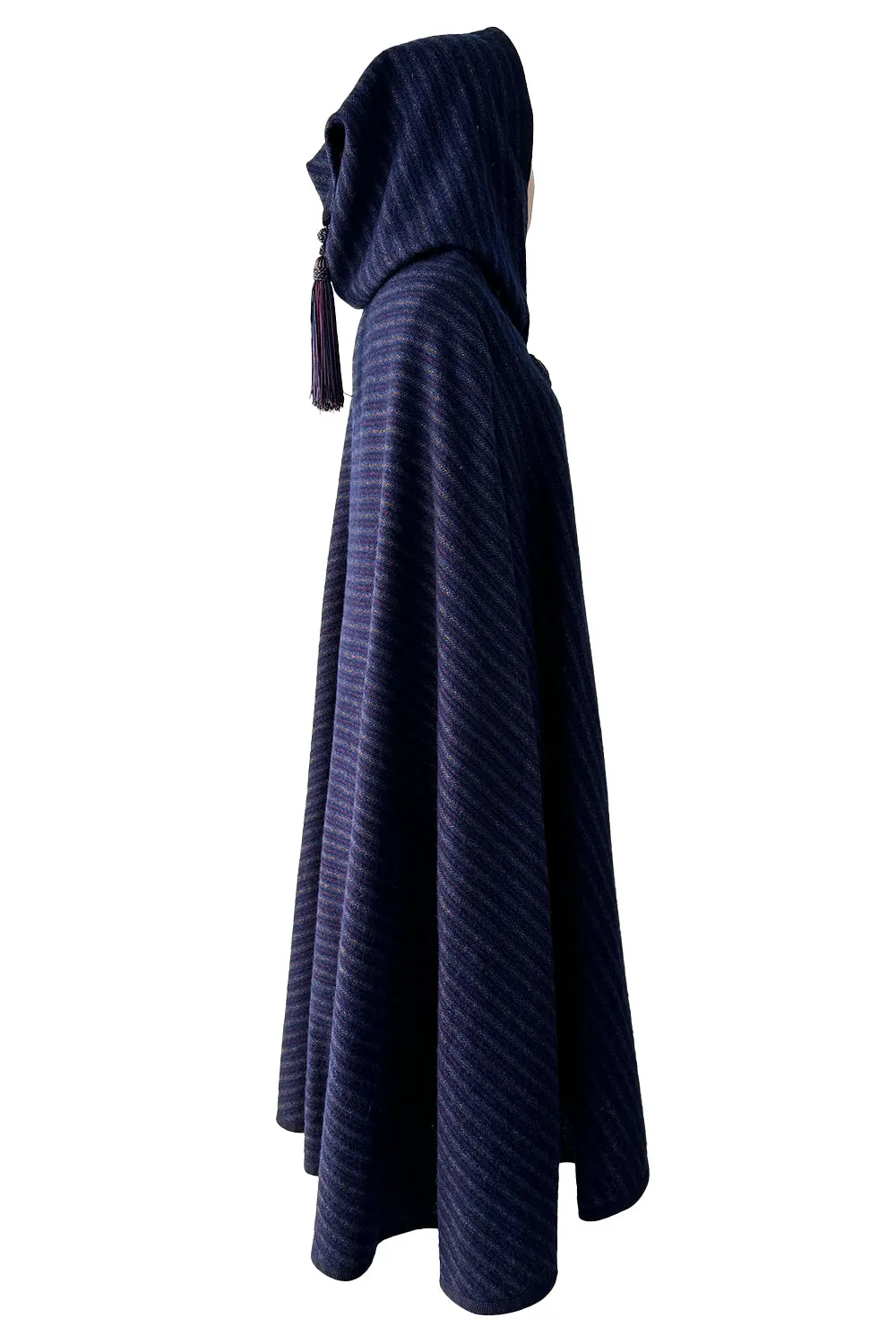 Fabulous  Fall 1976 Yves Saint Laurent Striped Blue Wool Knee Length Cape w Hood & Tassel Detailing