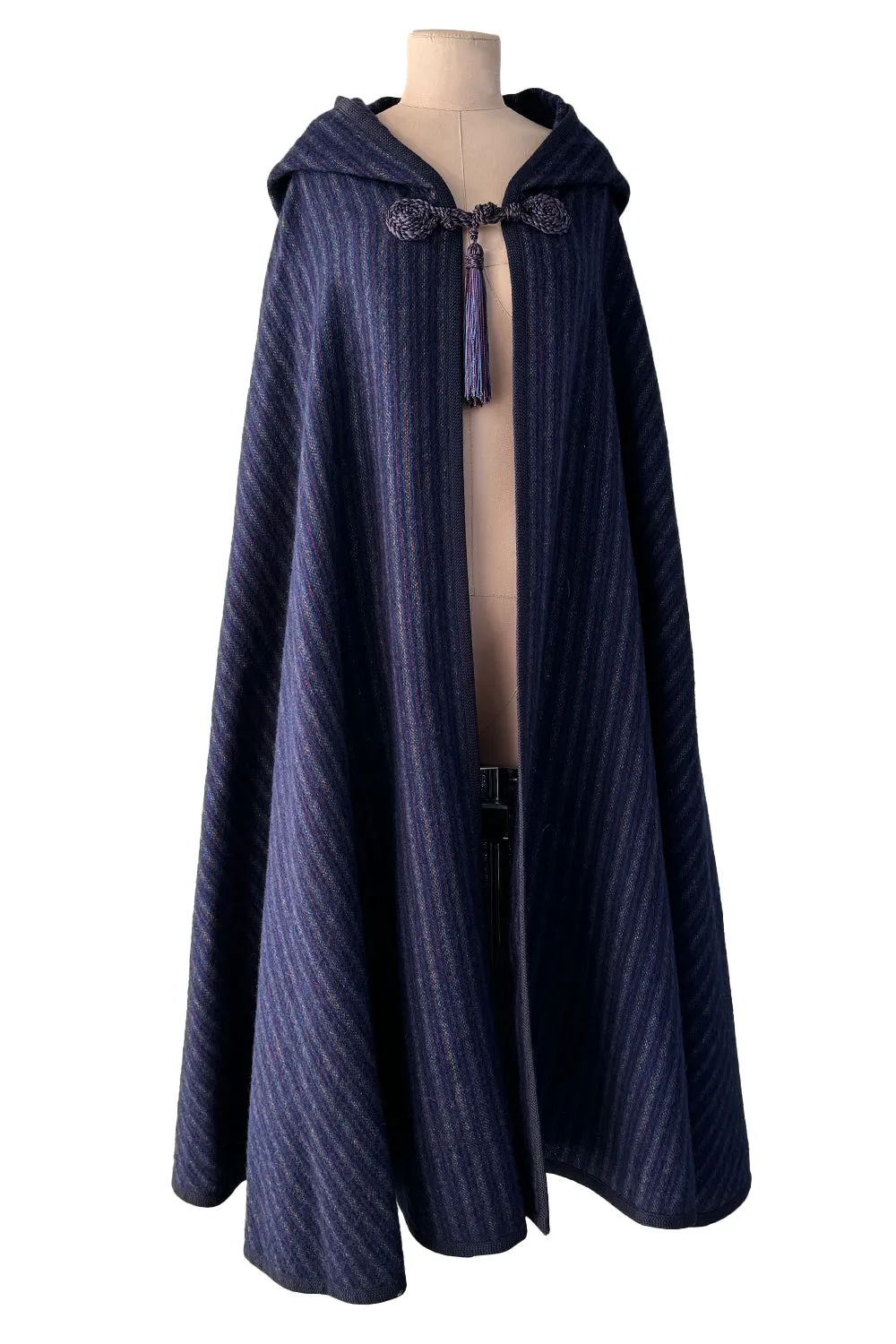 Fabulous  Fall 1976 Yves Saint Laurent Striped Blue Wool Knee Length Cape w Hood & Tassel Detailing