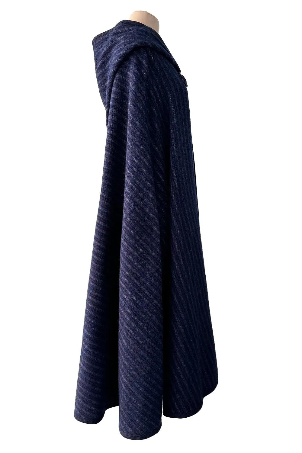 Fabulous  Fall 1976 Yves Saint Laurent Striped Blue Wool Knee Length Cape w Hood & Tassel Detailing