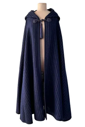 Fabulous  Fall 1976 Yves Saint Laurent Striped Blue Wool Knee Length Cape w Hood & Tassel Detailing