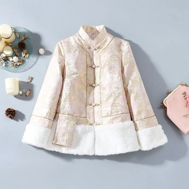 Fancy Cotton Fur Edge Traditional Chinese Style Floral Wadded Coat
