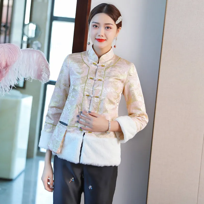 Fancy Cotton Fur Edge Traditional Chinese Style Floral Wadded Coat