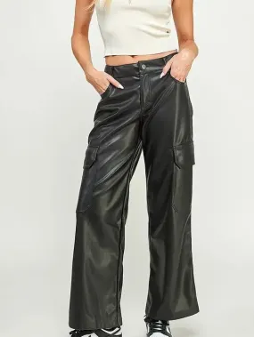 Faux Leather Wide-Leg Cargo Pants