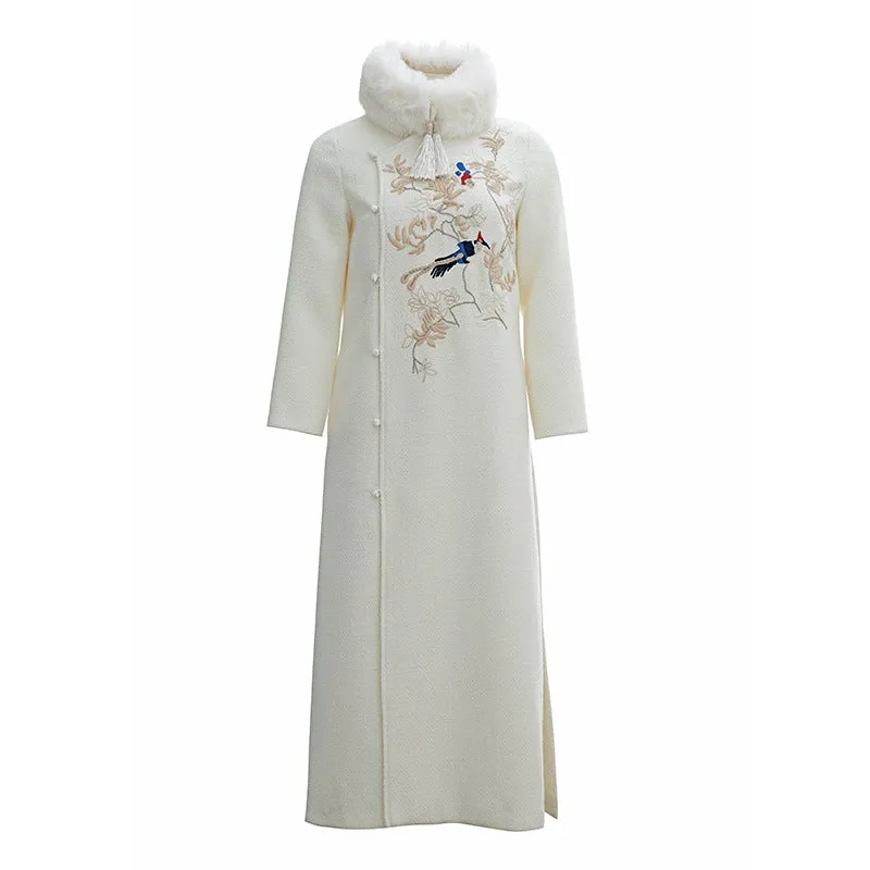 Floral Embroidery Wool Cheongsam Chinese Dress with Fur Stand Collar & Tassles