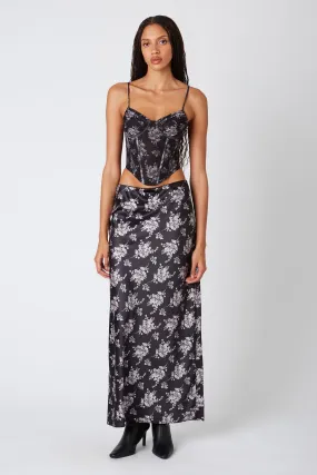 Floral Print Bias Midi Skirt in Black
