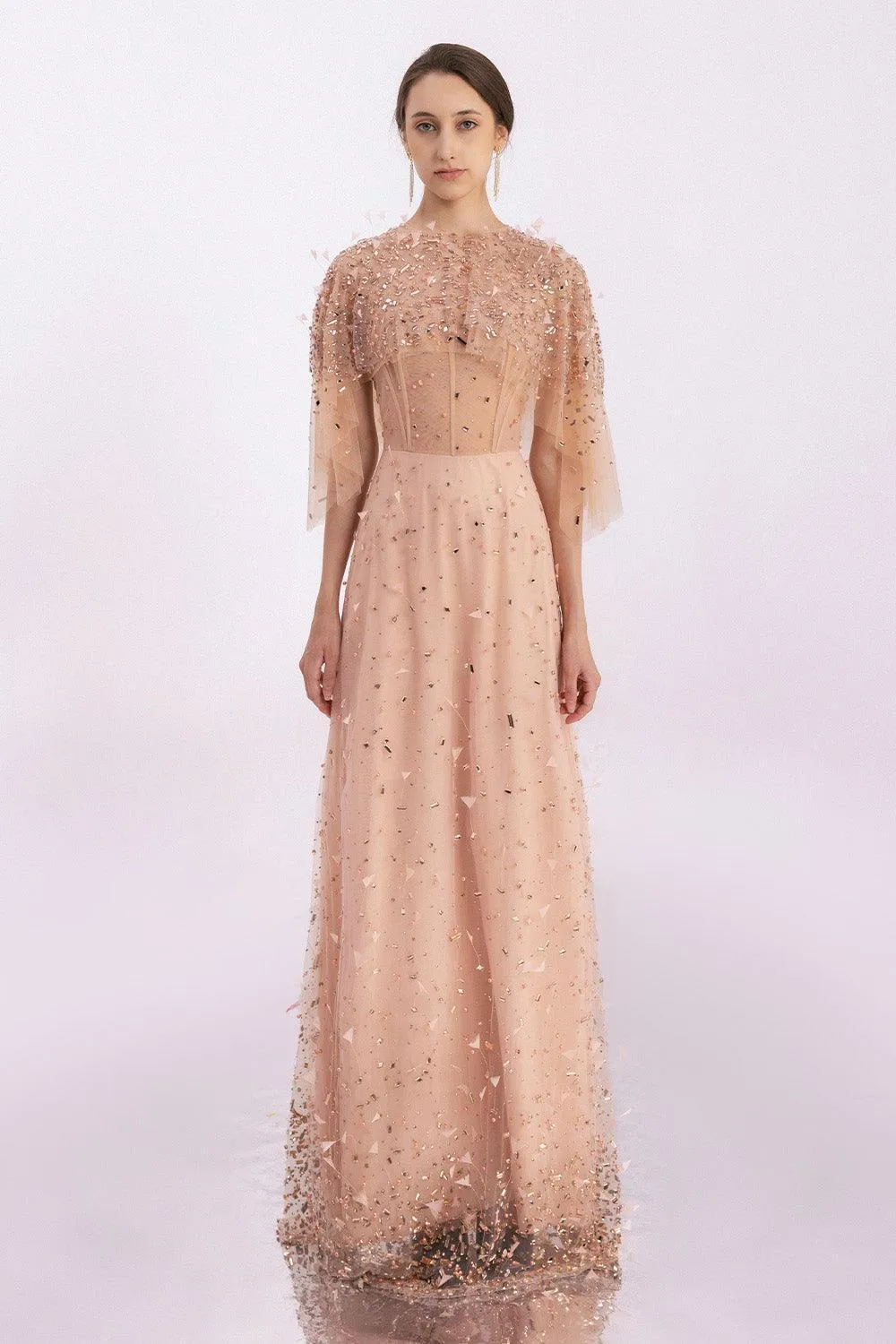 Hayes A-line Cape Sleeved Mesh Silk Floor Length Set