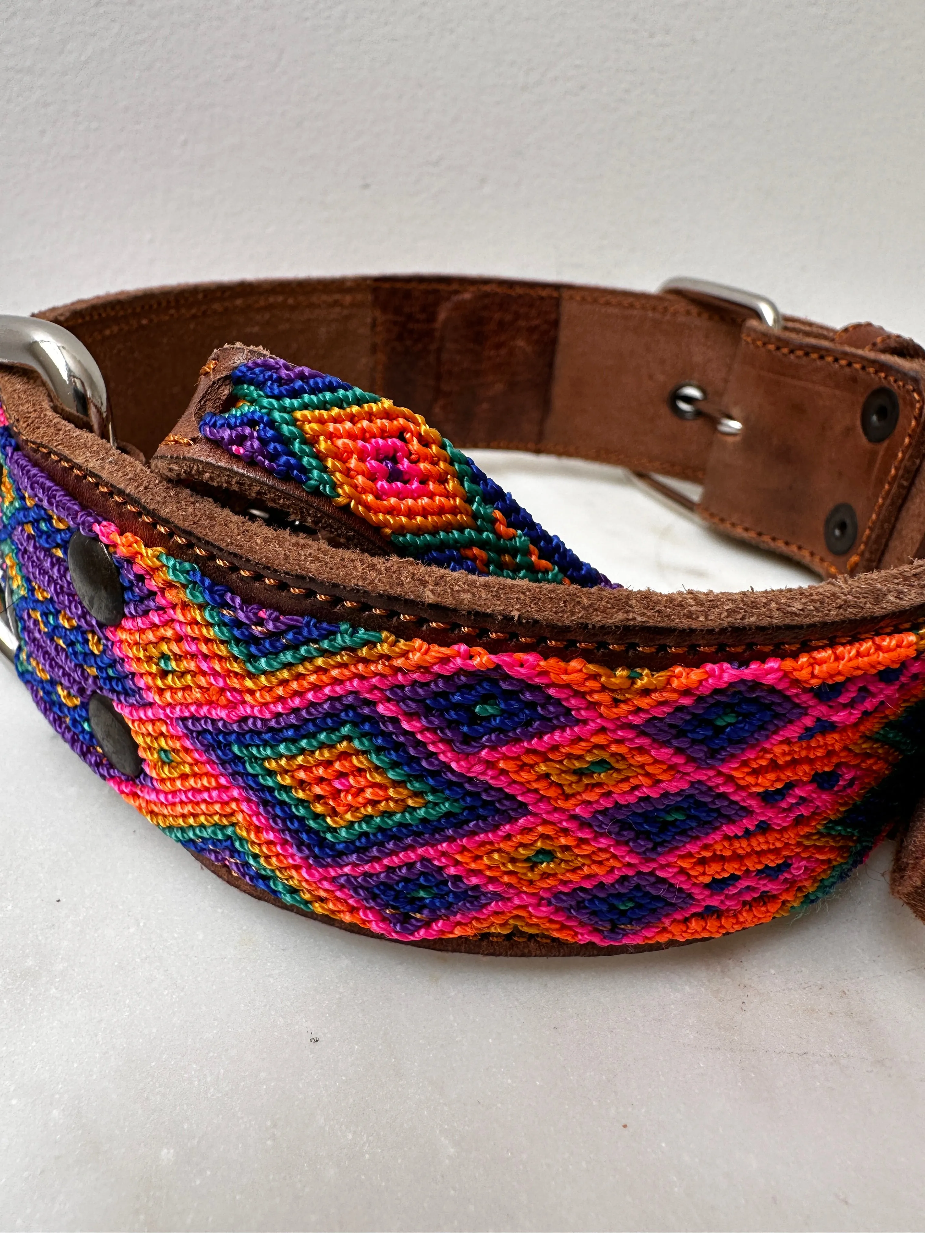 Huichol Leather Wide Dog Collar L3