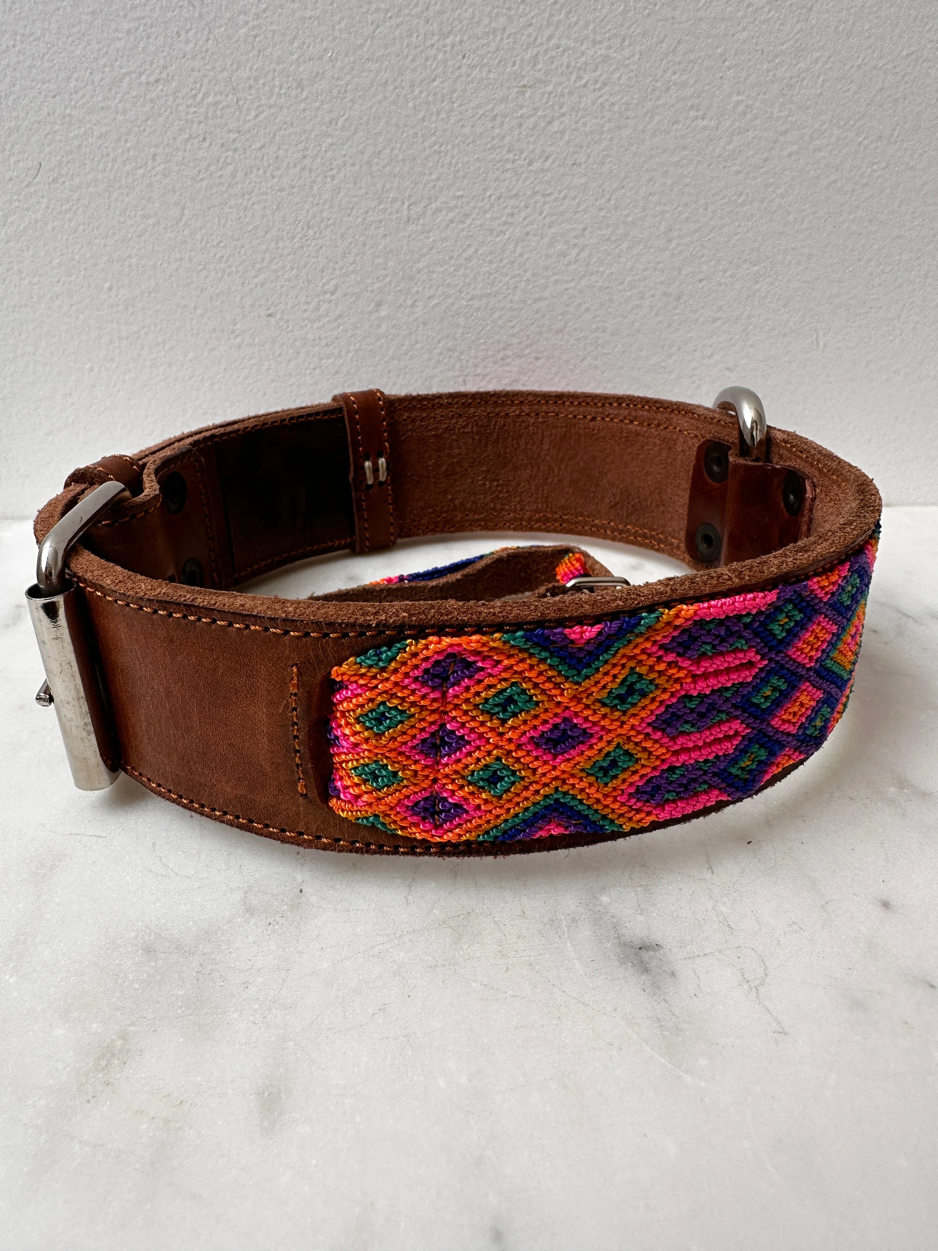 Huichol Leather Wide Dog Collar L3