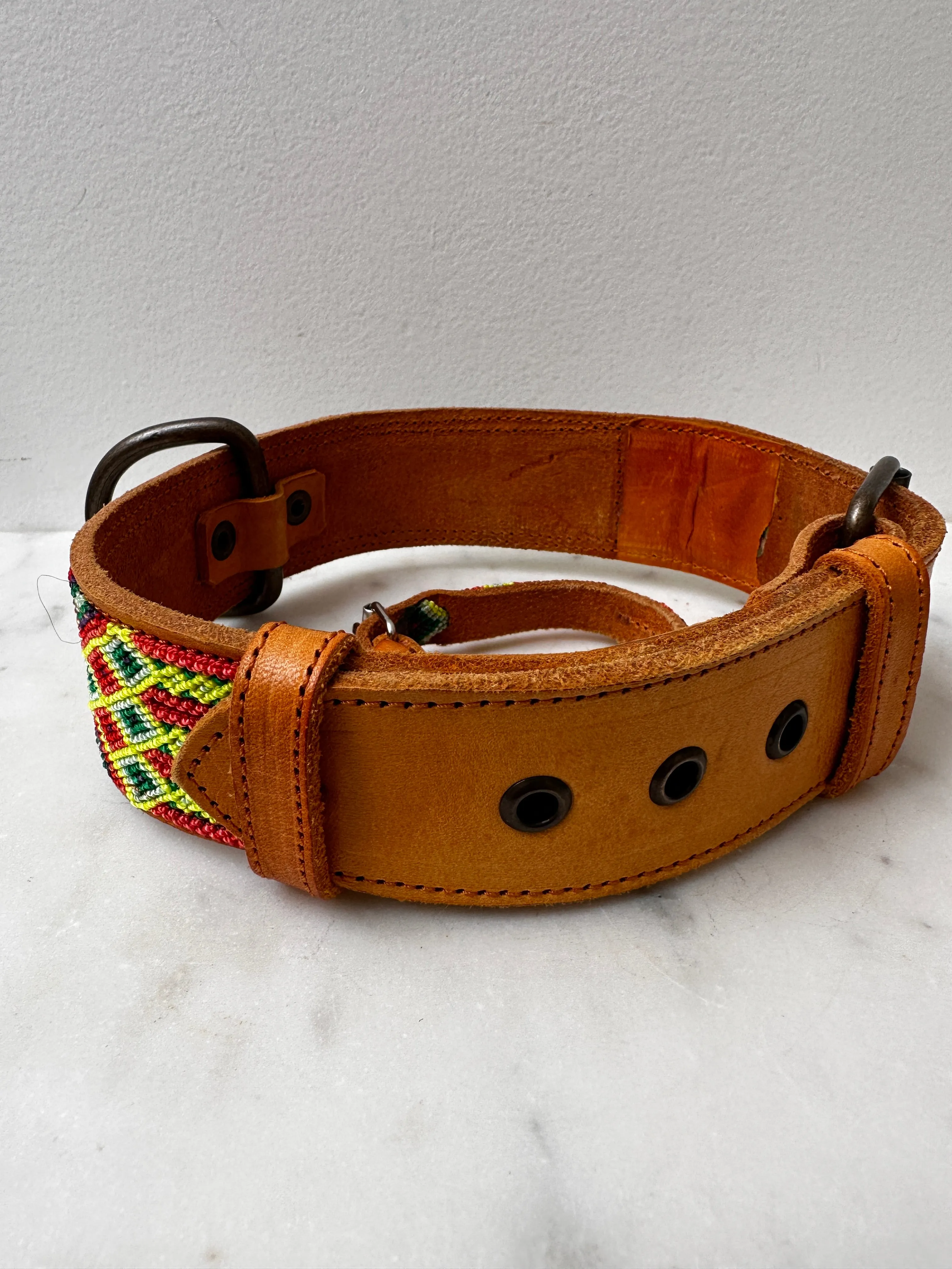 Huichol Leather Wide Dog Collar L8
