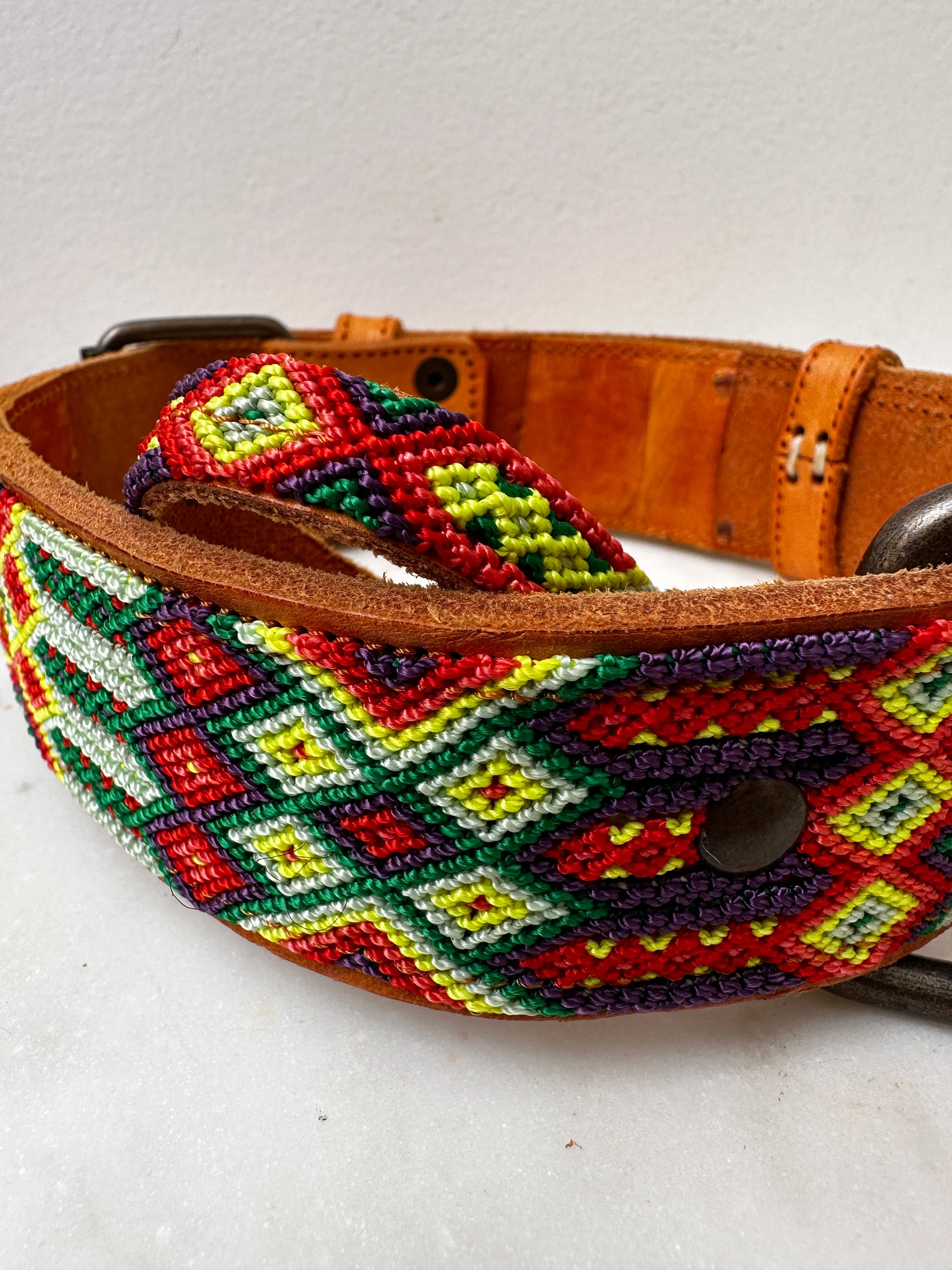 Huichol Leather Wide Dog Collar L8