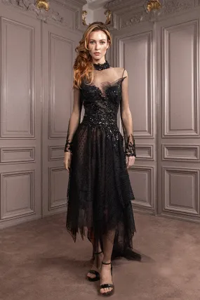 Long-Sleeved Tulle Flared Midi Dress