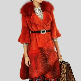 Luxury Natural Mink Fur Coat With Fox Fur Collar Waist Belt Mink Fur Jacket