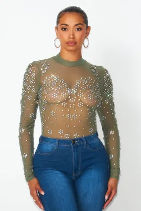 Marilyn Rhinestone Mesh Long Sleeve Bodysuit