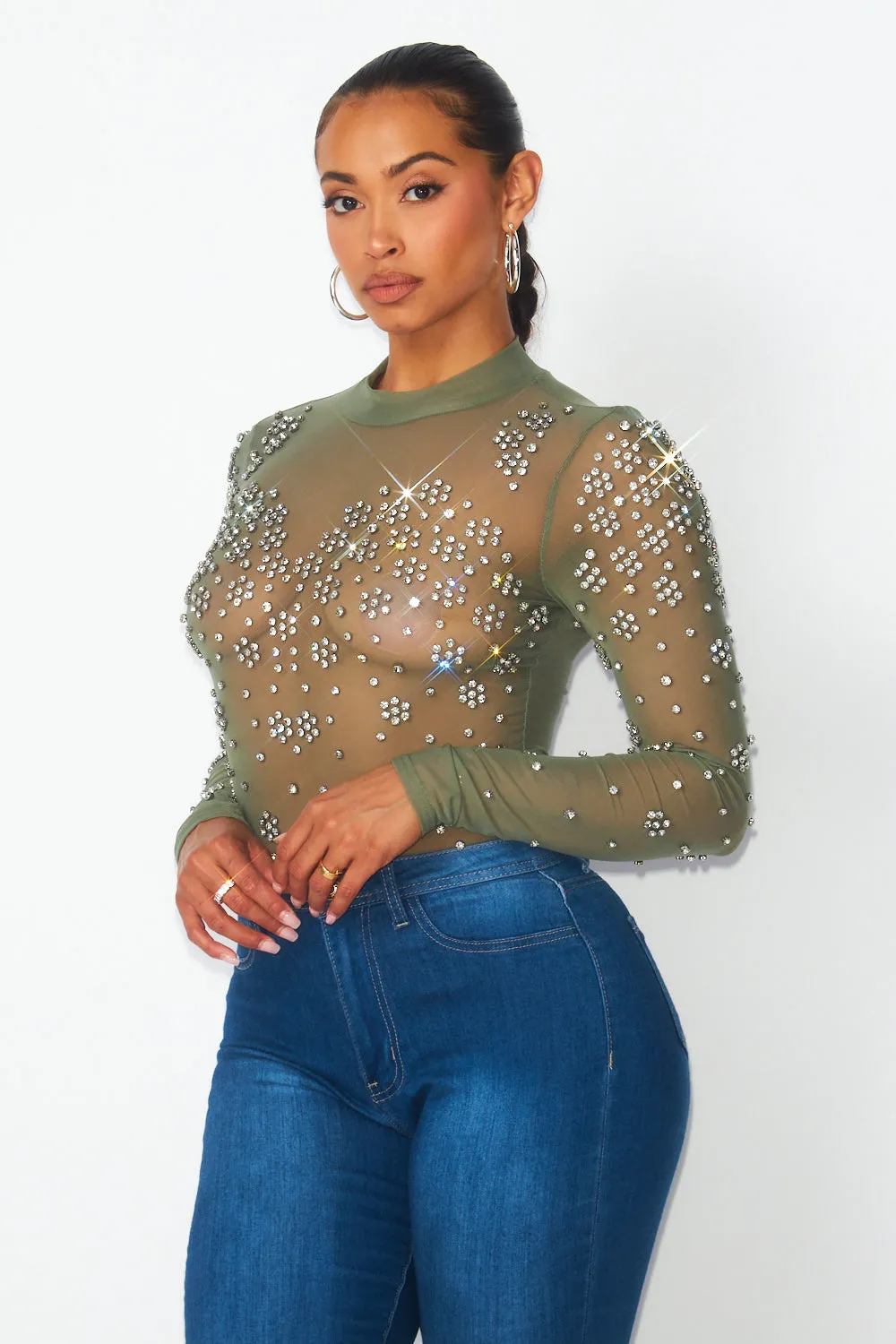 Marilyn Rhinestone Mesh Long Sleeve Bodysuit