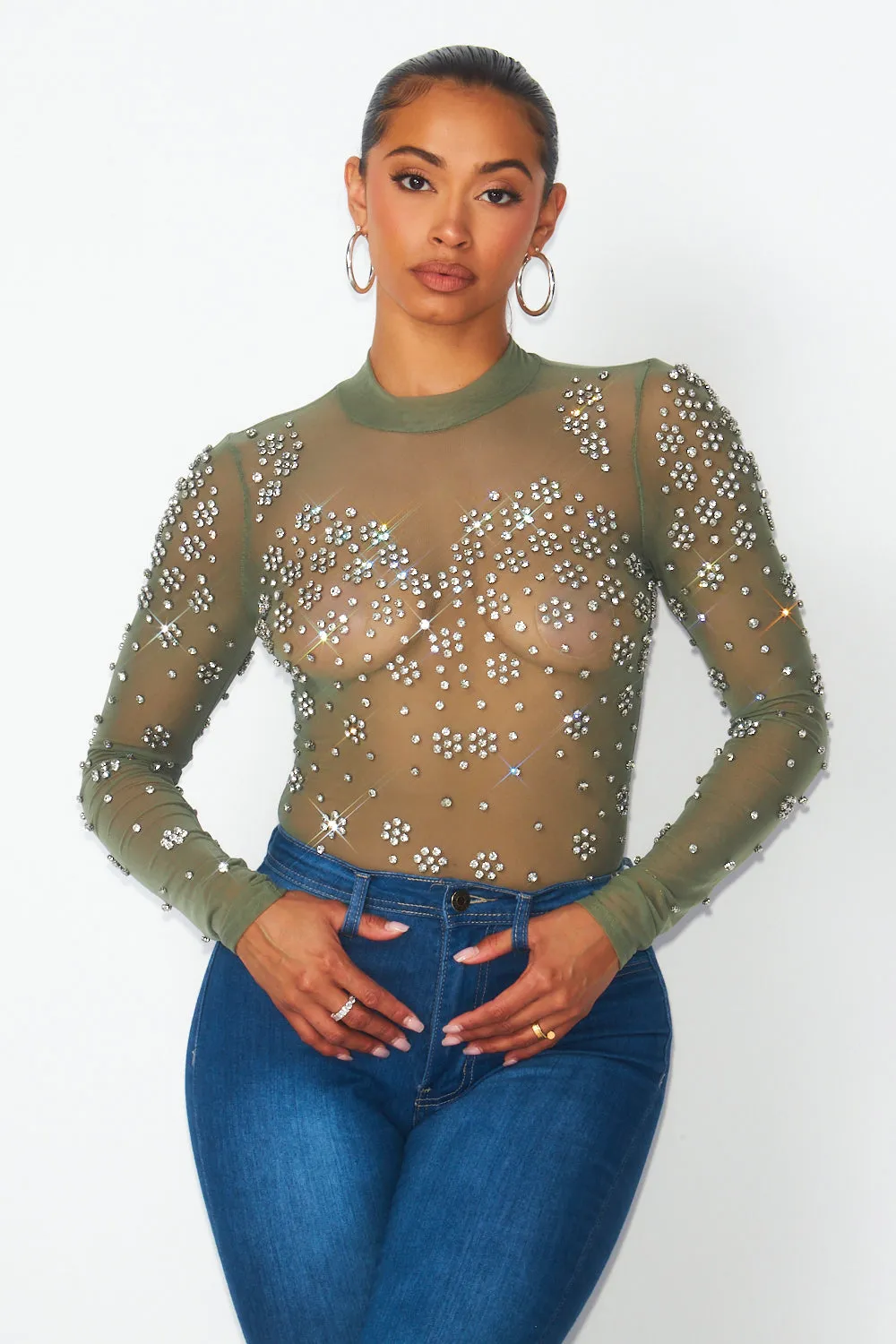 Marilyn Rhinestone Mesh Long Sleeve Bodysuit