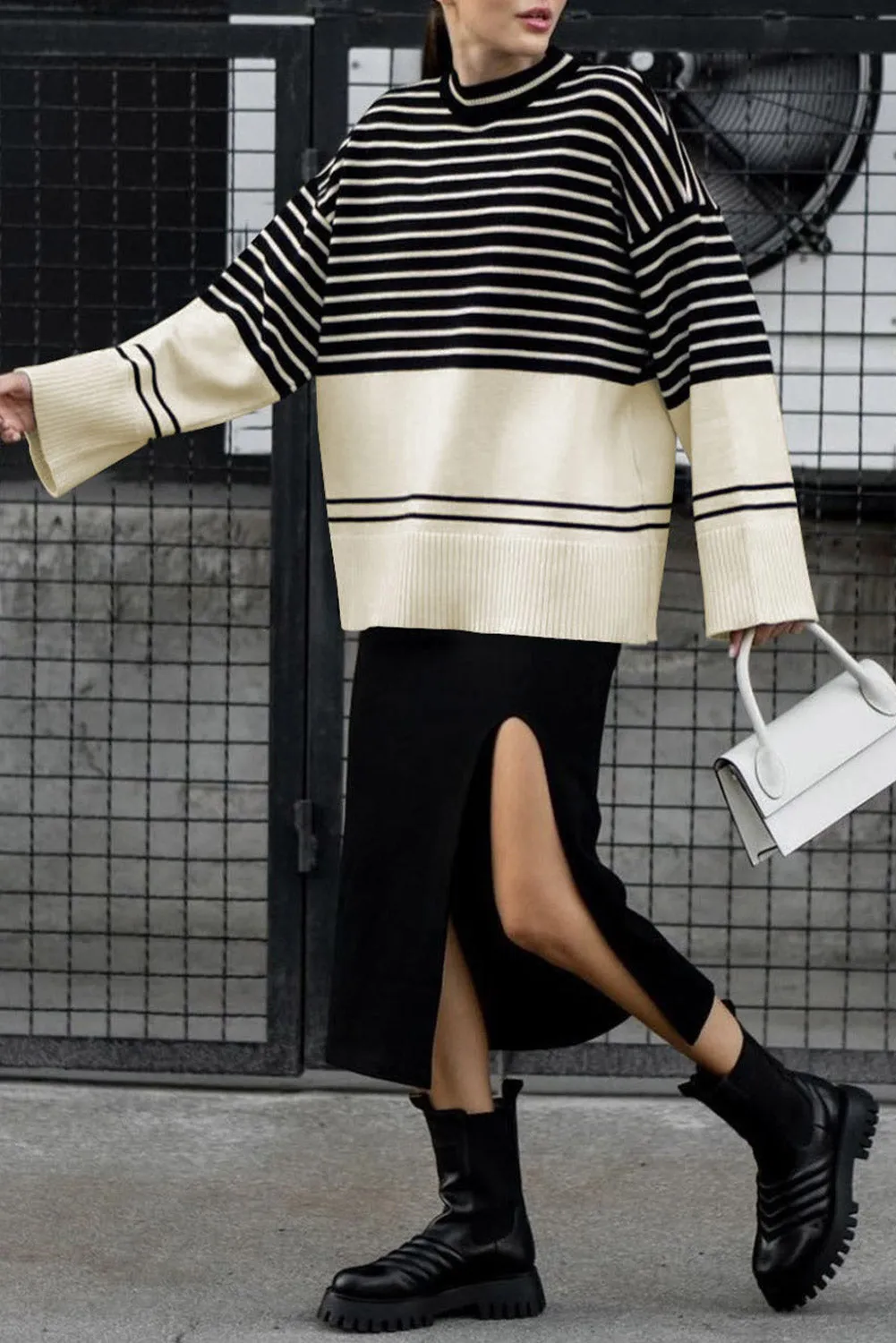 Multicolour Turtleneck Knitting Striped Loose Sweater Top