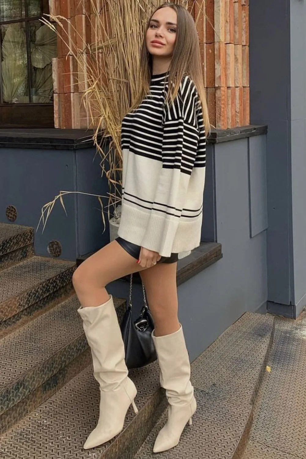 Multicolour Turtleneck Knitting Striped Loose Sweater Top
