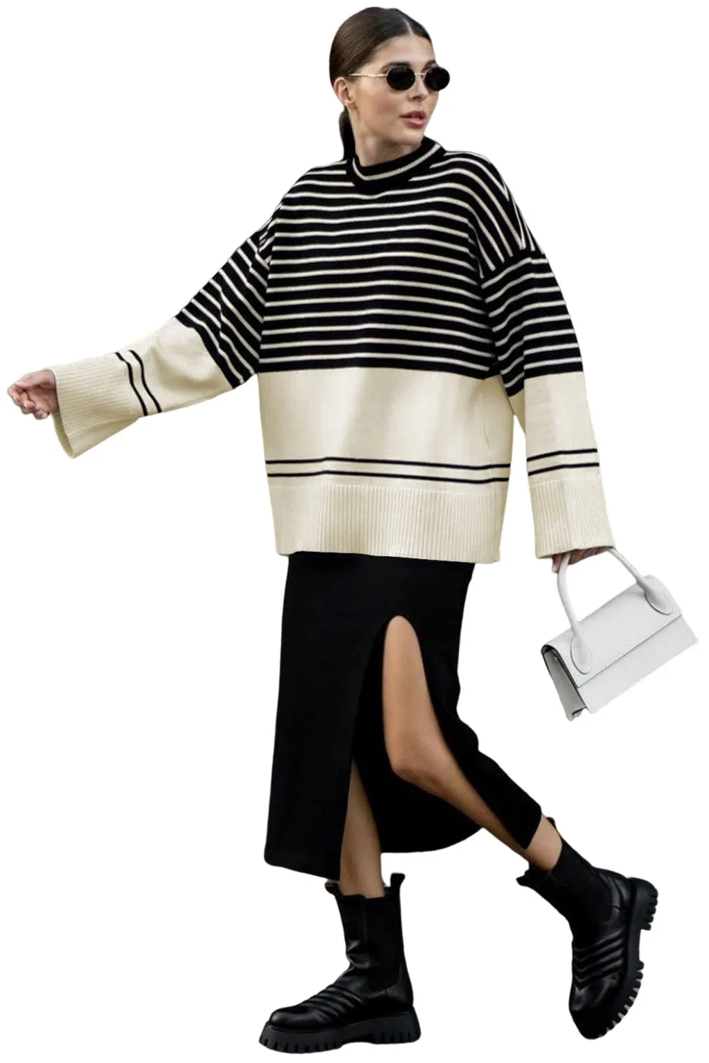 Multicolour Turtleneck Knitting Striped Loose Sweater Top