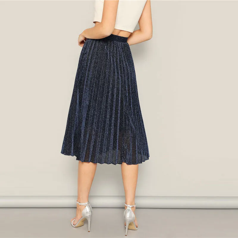 Navy Elastic Waist Glitter Pleated Skirt
